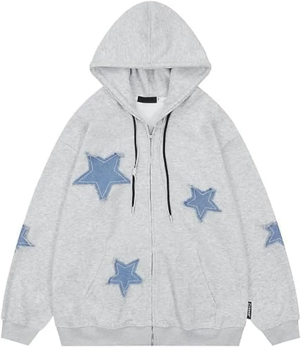 Y2k Hoodie Men Zip Hoodie Y2k Jacket Star Graphic Hoodies Sweatshirt Grunge Harajuku Hip Hop Streetwear