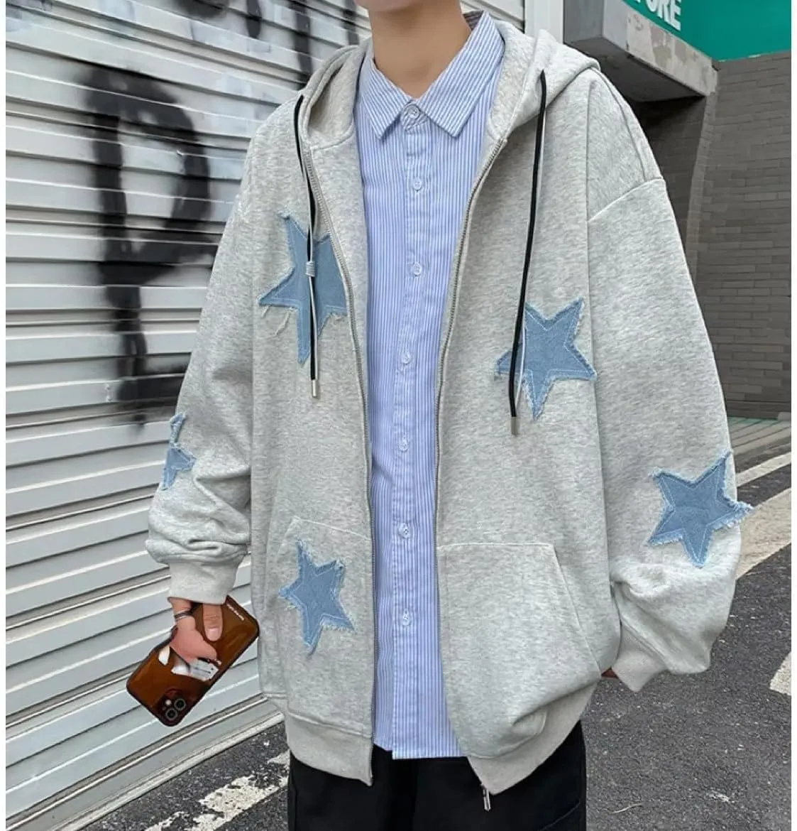 Y2k Hoodie Men Zip Hoodie Y2k Jacket Star Graphic Hoodies Sweatshirt Grunge Harajuku Hip Hop Streetwear