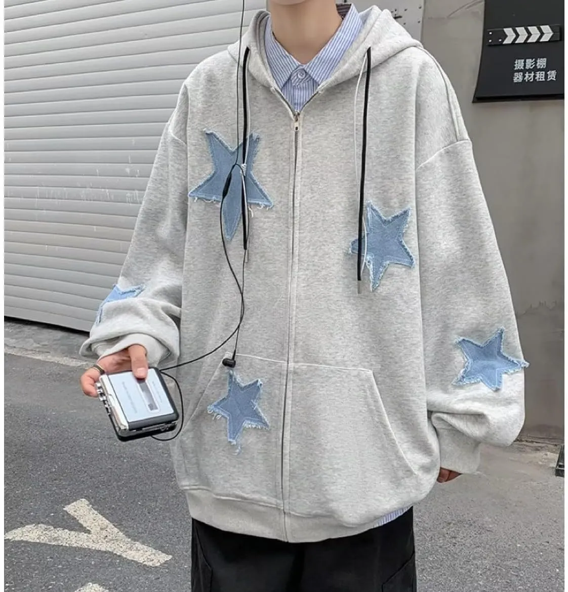 Y2k Hoodie Men Zip Hoodie Y2k Jacket Star Graphic Hoodies Sweatshirt Grunge Harajuku Hip Hop Streetwear