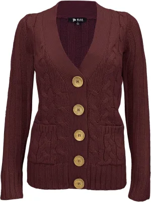 YEMAK Women's Knit Cardigan Sweater  Long Sleeve V-Neck Button Down Cable Knitted Two Pocket Basic Casual Soft Jacket