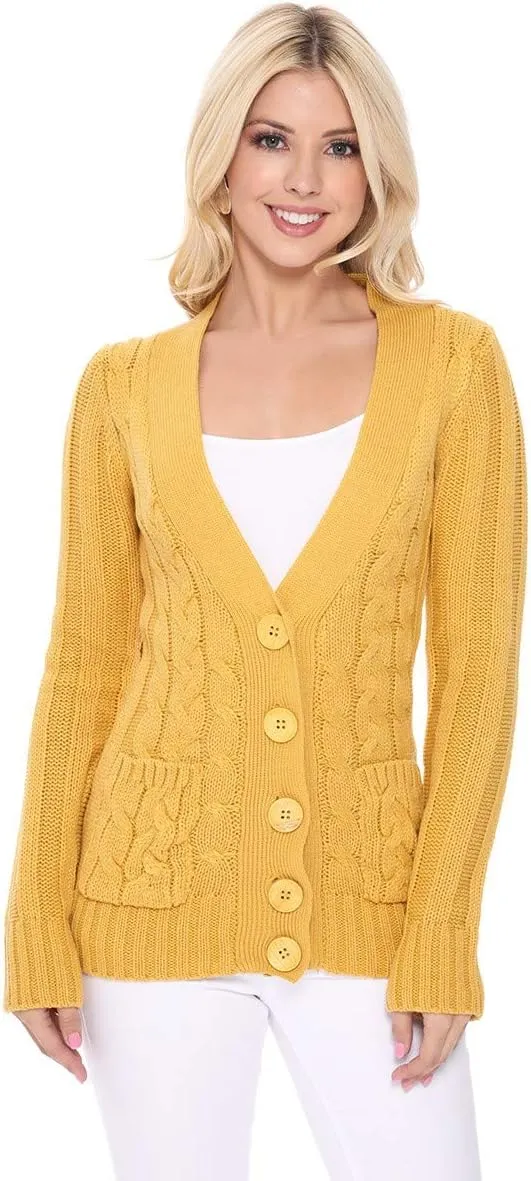 YEMAK Women's Knit Cardigan Sweater  Long Sleeve V-Neck Button Down Cable Knitted Two Pocket Basic Casual Soft Jacket