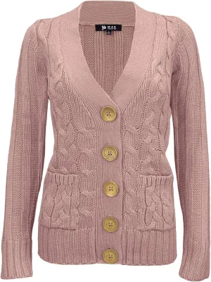 YEMAK Women's Knit Cardigan Sweater  Long Sleeve V-Neck Button Down Cable Knitted Two Pocket Basic Casual Soft Jacket