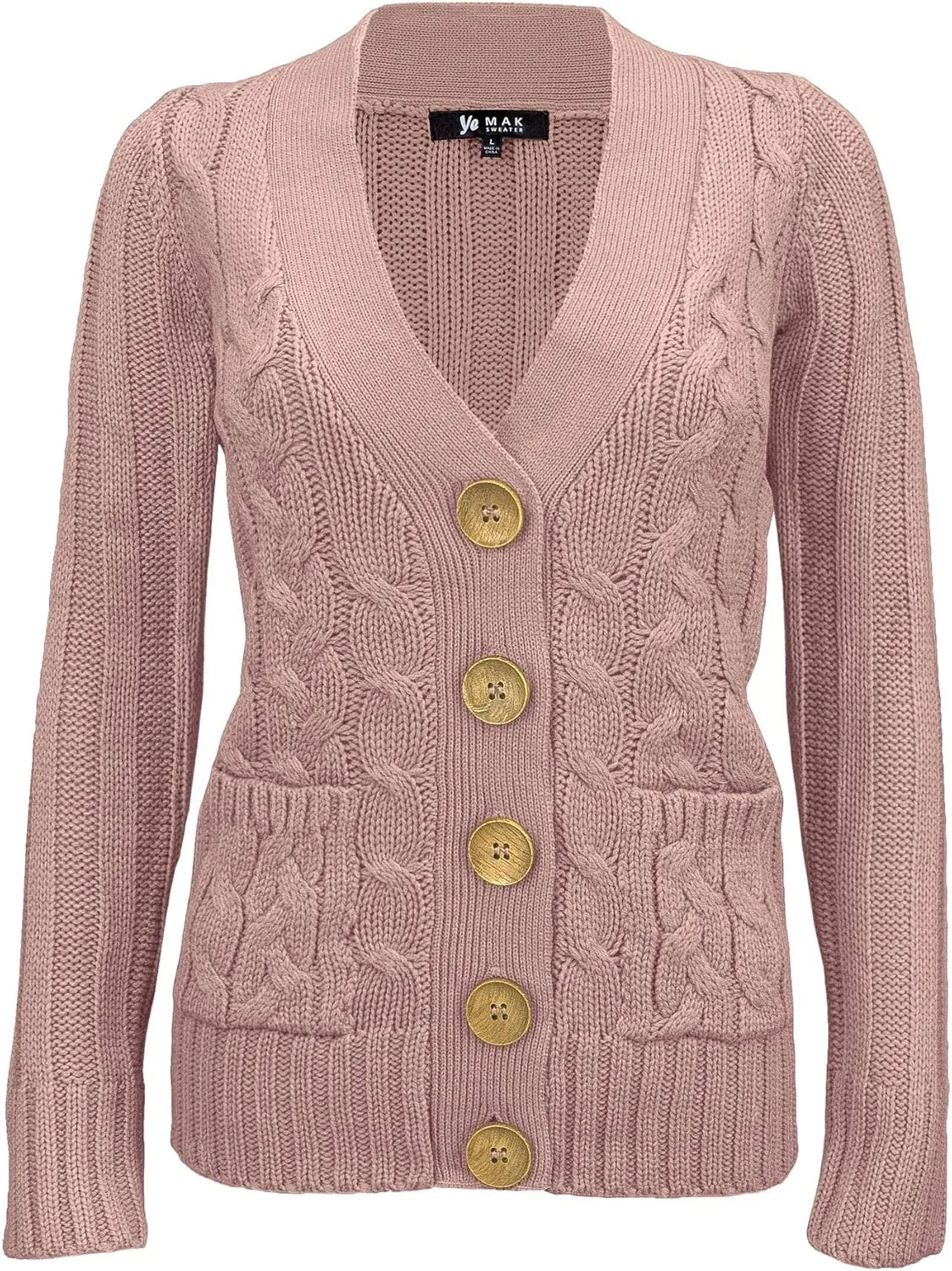YEMAK Women's Knit Cardigan Sweater  Long Sleeve V-Neck Button Down Cable Knitted Two Pocket Basic Casual Soft Jacket
