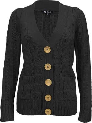 YEMAK Women's Knit Cardigan Sweater  Long Sleeve V-Neck Button Down Cable Knitted Two Pocket Basic Casual Soft Jacket