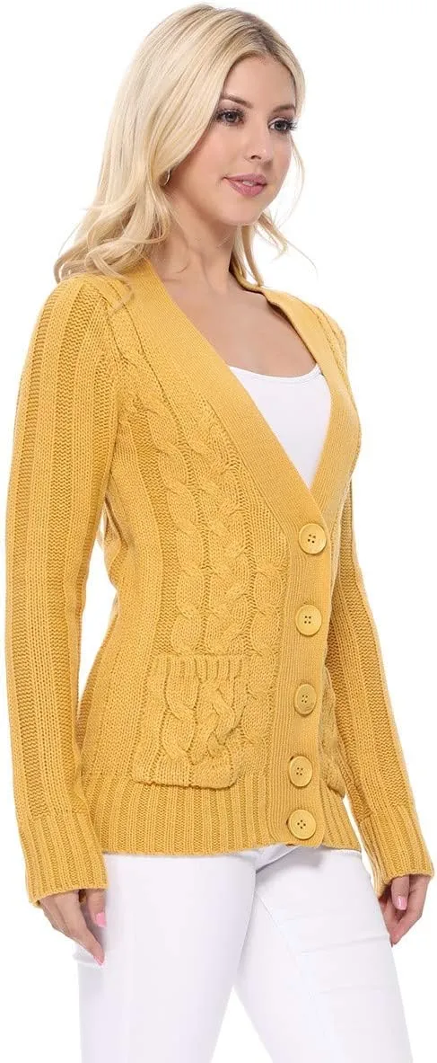 YEMAK Women's Knit Cardigan Sweater  Long Sleeve V-Neck Button Down Cable Knitted Two Pocket Basic Casual Soft Jacket