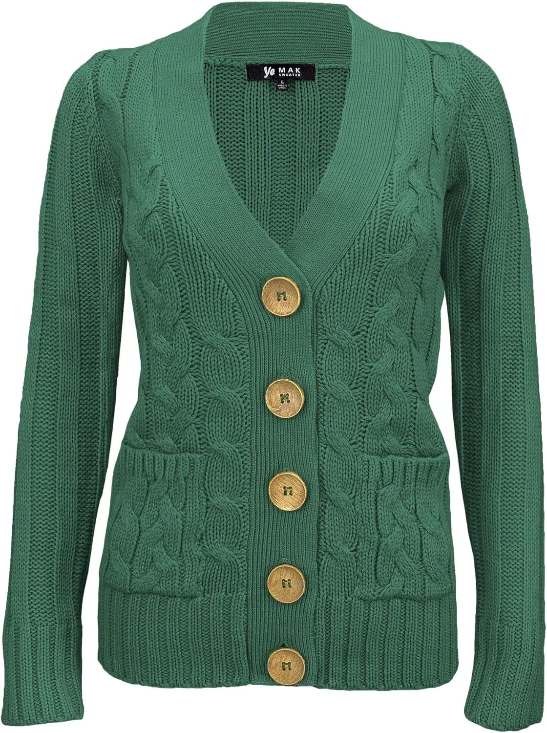 YEMAK Women's Knit Cardigan Sweater  Long Sleeve V-Neck Button Down Cable Knitted Two Pocket Basic Casual Soft Jacket