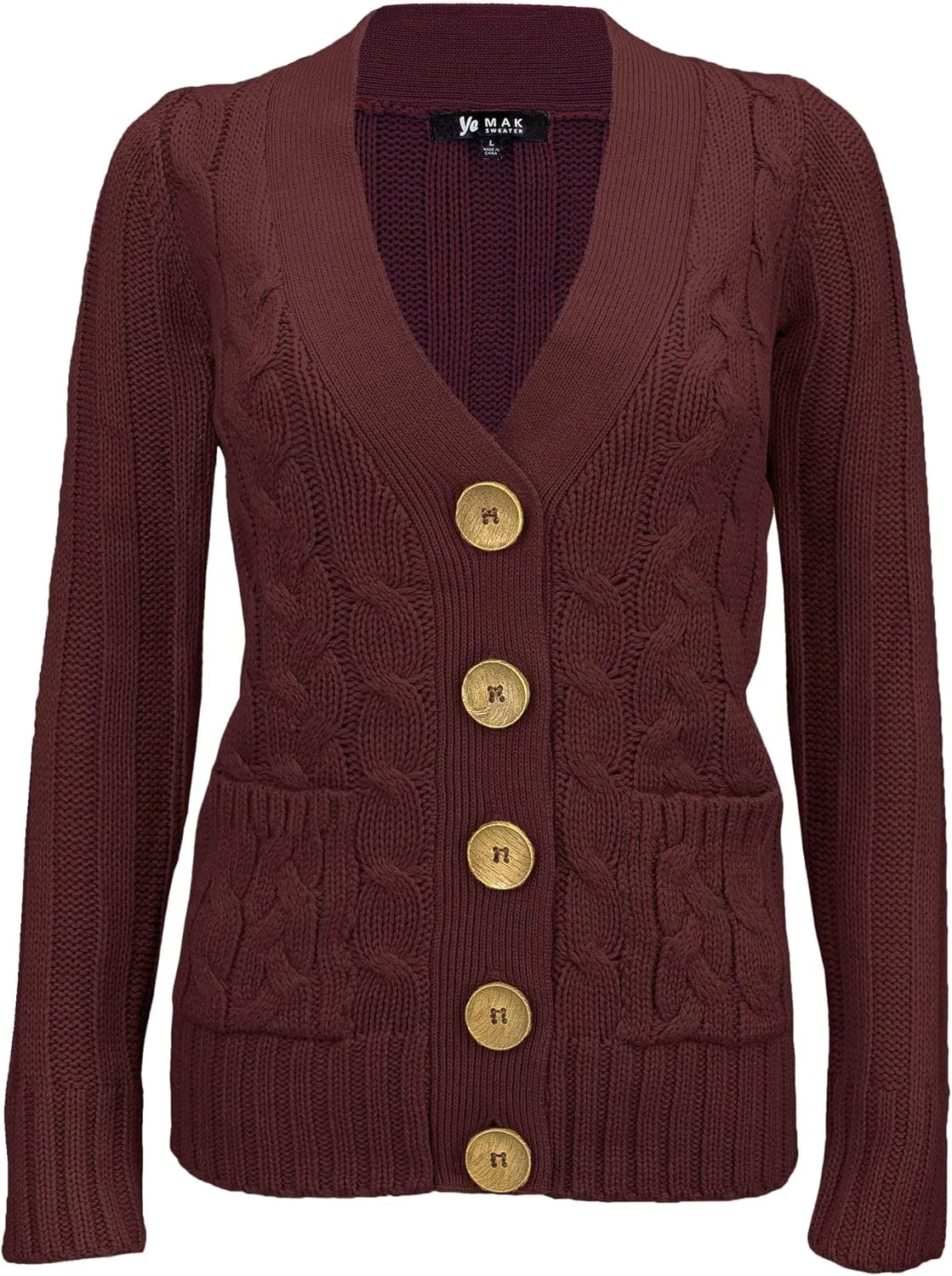 YEMAK Women's Knit Cardigan Sweater  Long Sleeve V-Neck Button Down Cable Knitted Two Pocket Basic Casual Soft Jacket