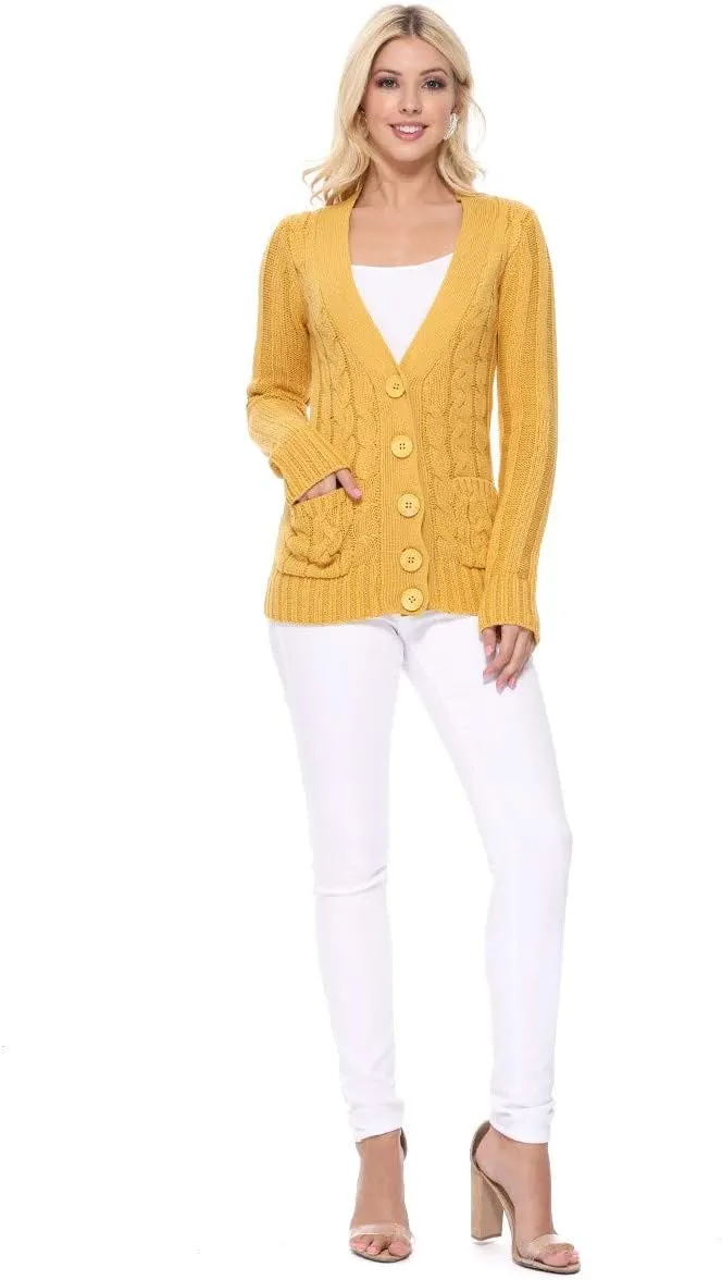 YEMAK Women's Knit Cardigan Sweater  Long Sleeve V-Neck Button Down Cable Knitted Two Pocket Basic Casual Soft Jacket
