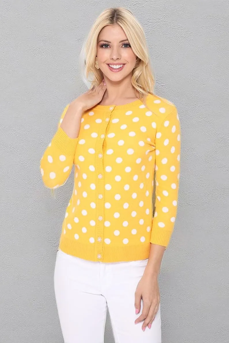 YEMAK Women's Polka Dot Cute Jacquard Crewneck Button Down Sweater Cardigan