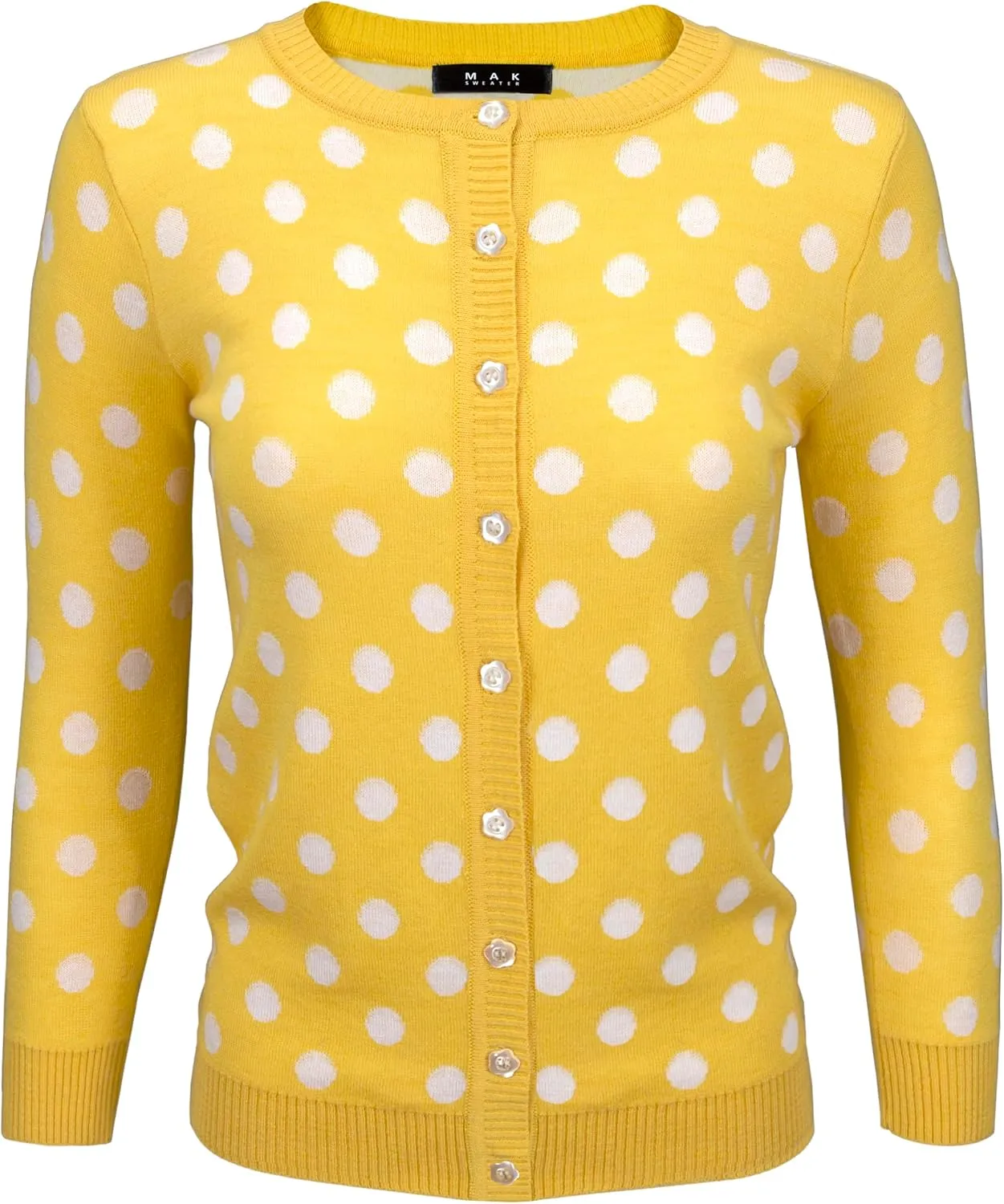 YEMAK Women's Polka Dot Cute Jacquard Crewneck Button Down Sweater Cardigan