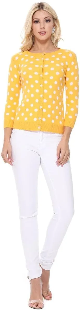 YEMAK Women's Polka Dot Cute Jacquard Crewneck Button Down Sweater Cardigan