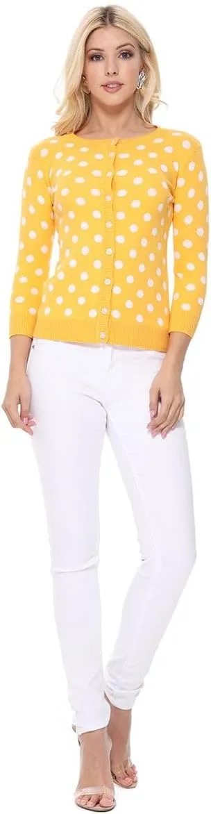 YEMAK Women's Polka Dot Cute Jacquard Crewneck Button Down Sweater Cardigan