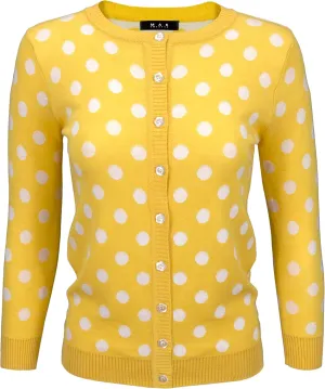 YEMAK Women's Polka Dot Cute Jacquard Crewneck Button Down Sweater Cardigan