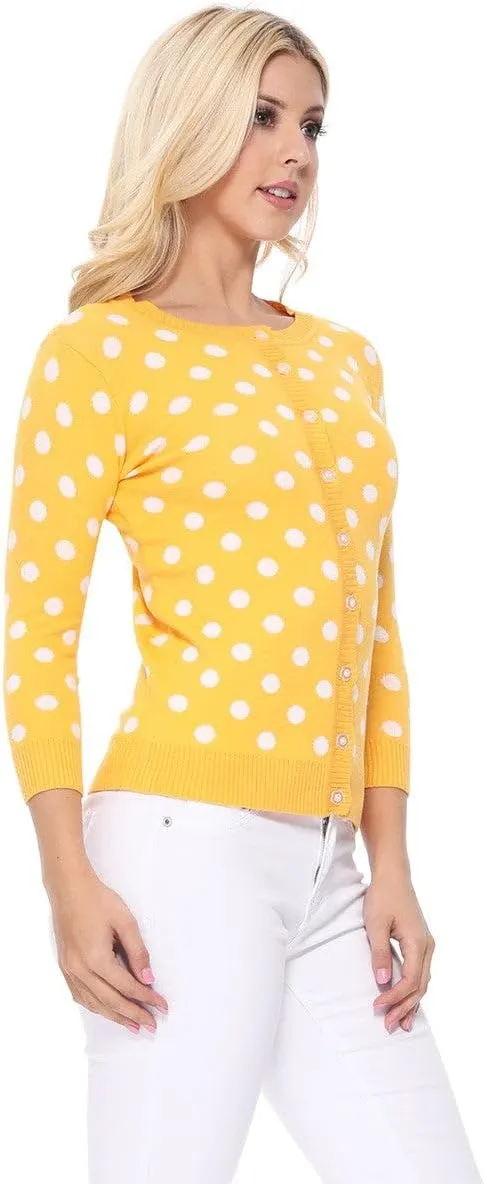 YEMAK Women's Polka Dot Cute Jacquard Crewneck Button Down Sweater Cardigan