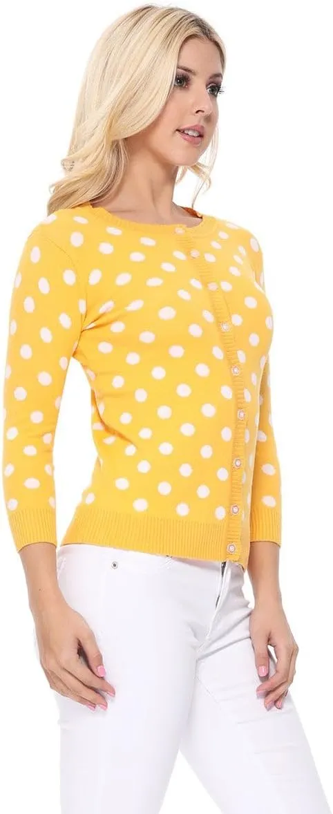 YEMAK Women's Polka Dot Cute Jacquard Crewneck Button Down Sweater Cardigan