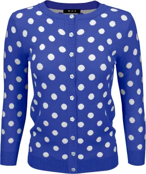 YEMAK Women's Polka Dot Cute Jacquard Crewneck Button Down Sweater Cardigan