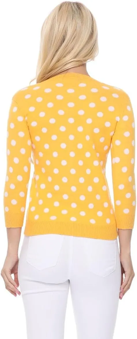YEMAK Women's Polka Dot Cute Jacquard Crewneck Button Down Sweater Cardigan