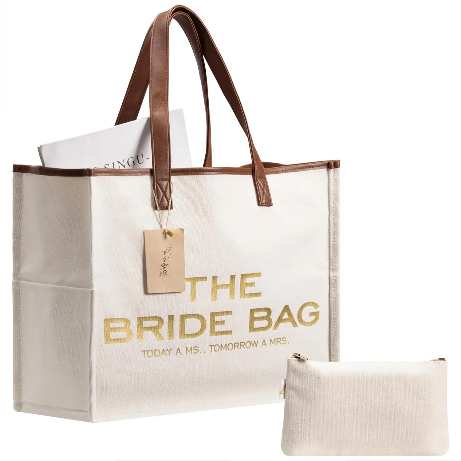 Your Perfect Day Bride Bag - Large Bridal Mrs Bag for Wedding & Honeymoon - With Zip Pocket and Bonus Vanity Case